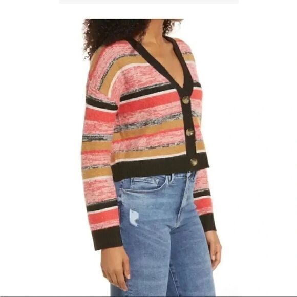 BP BLACK MARL STRIPE Button Down Red Black V-Neck Crop Cardigan Sweater XS - Picture 8 of 16